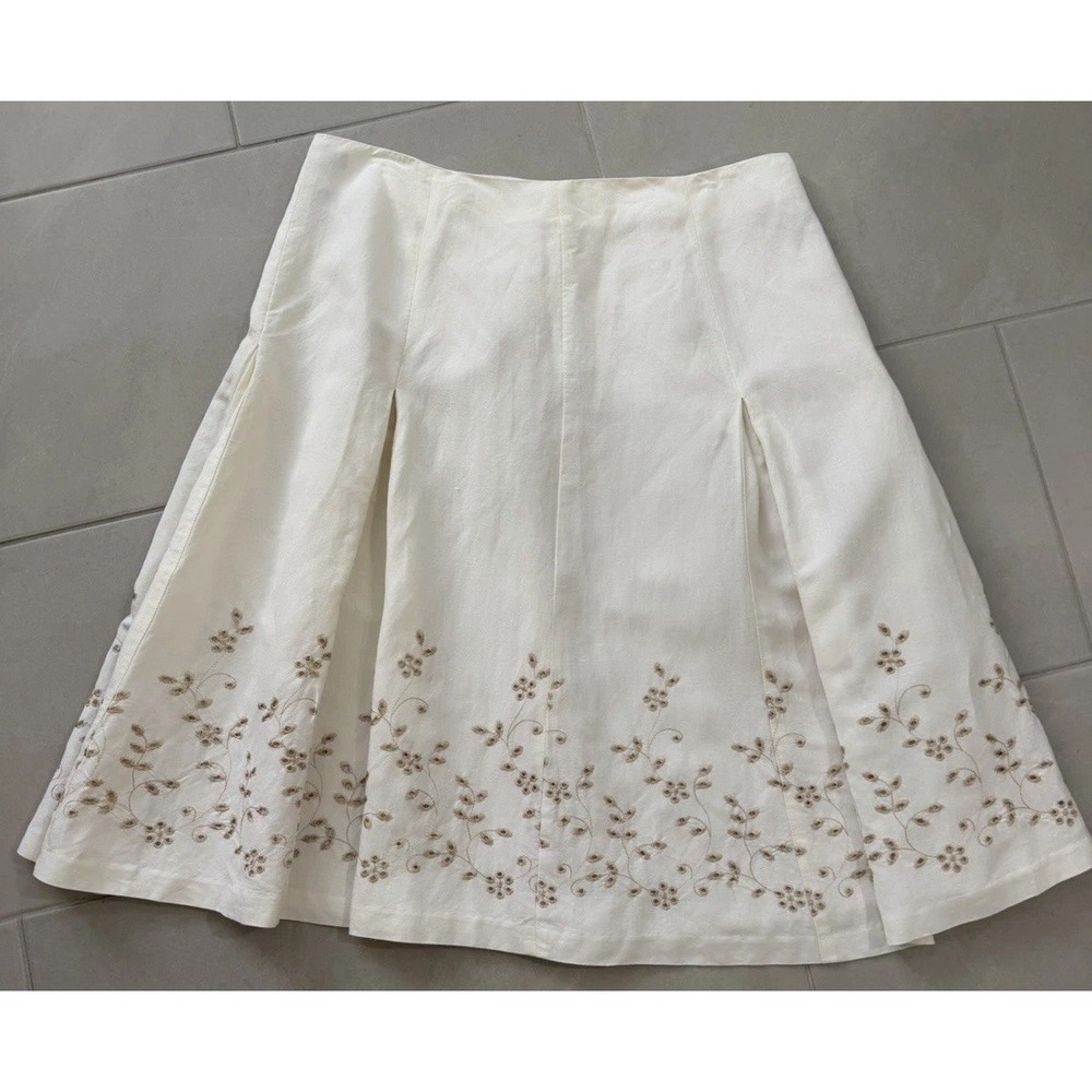 Sandro Paris Skirt Linen Blend 12 Pleated Ivory Eyelet Embroidered Lined Chic